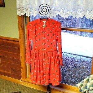 Lucky Brand Sz. XS Red Floral Full Button Colorful Gathered Waist, Lined Dress